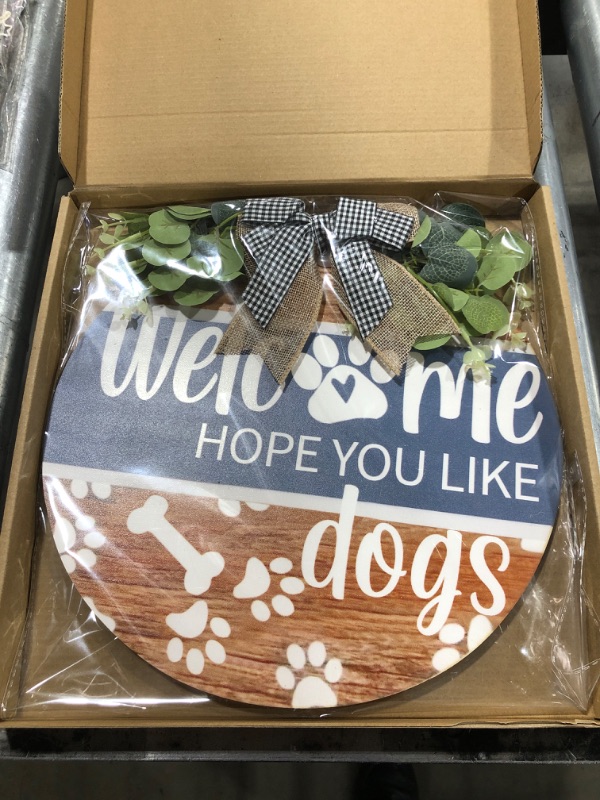 Photo 2 of QICIFA Vintage Welcome Hope You Like Dog Door Sign Plaque (12"x12"), Welcome Wreath Front Door Hanger with Dogs Footprints Bones, Cute Dog Lovers Gifts for Dog Owners