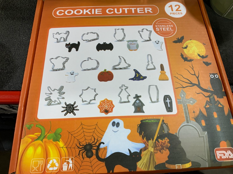 Photo 2 of 12Pcs Halloween Cookie Cutters Kit, Stainless Steel Holiday Cookie Cutters Set for Kids, Halloween Baking Ghost Cookie Cutter with Spider, Pumpkin, Bat, Cat, Ghost, Witch Hat, Good Gift for Halloween