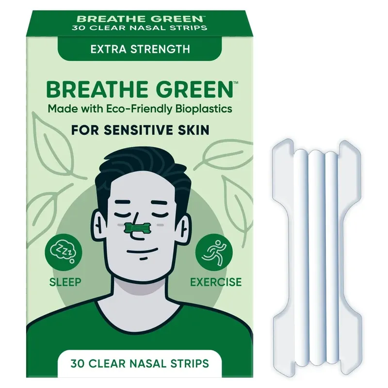 Photo 1 of Breathe Green Nasal Strips | 30 Count | Drug-Free, Extra Strength, Sensitive Skin | Nasal Congestion Relief for Colds & Allergies, Sleep Right, Breathe Easy (30)
