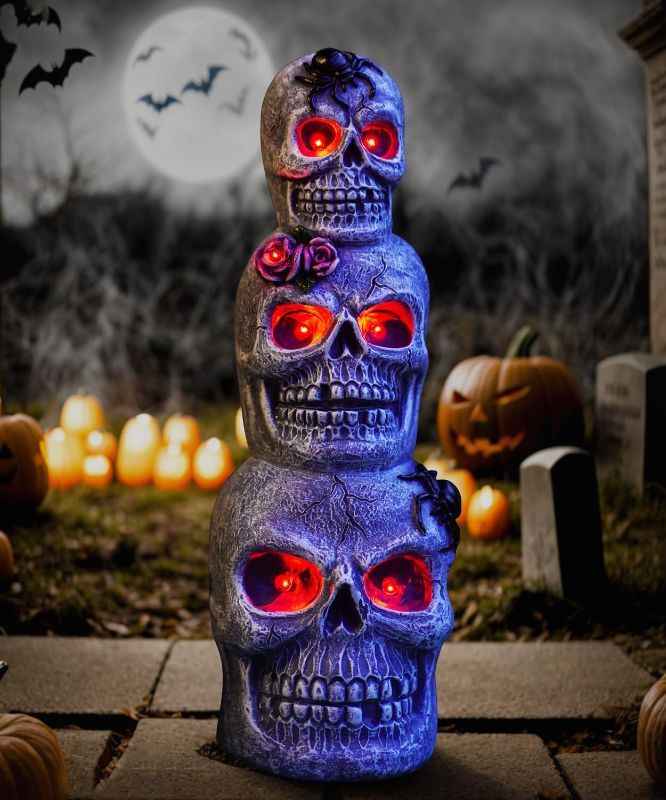 Photo 1 of Goodeco Solar Halloween Skulls Heads - Light Up Your Outdoor Halloween Decor with Gift-Worthy Skulls & Spooky Skull Decorations for Garden Patio Yard Porch and Lawn (Gray)