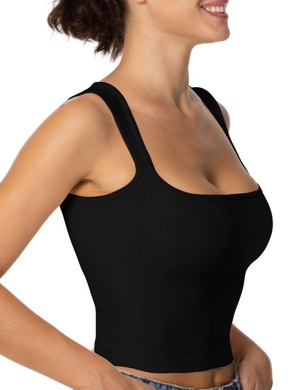 Photo 2 of Sunzel Square Neck Tank Tops for Women, Sexy Going Out Top Crop Camis Sleeveless Workout Fitness Summer Basic Tight T Shirts Black Small