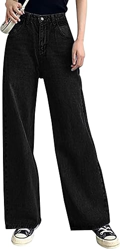 Photo 1 of AirZeal Pull On Jeans for Women Baggy Stretch Wide Leg Elastic High Waist Work Jeans Denim Trouser Pants Trendy Front Seam 90S Loose Jeans BLACK SIZE S