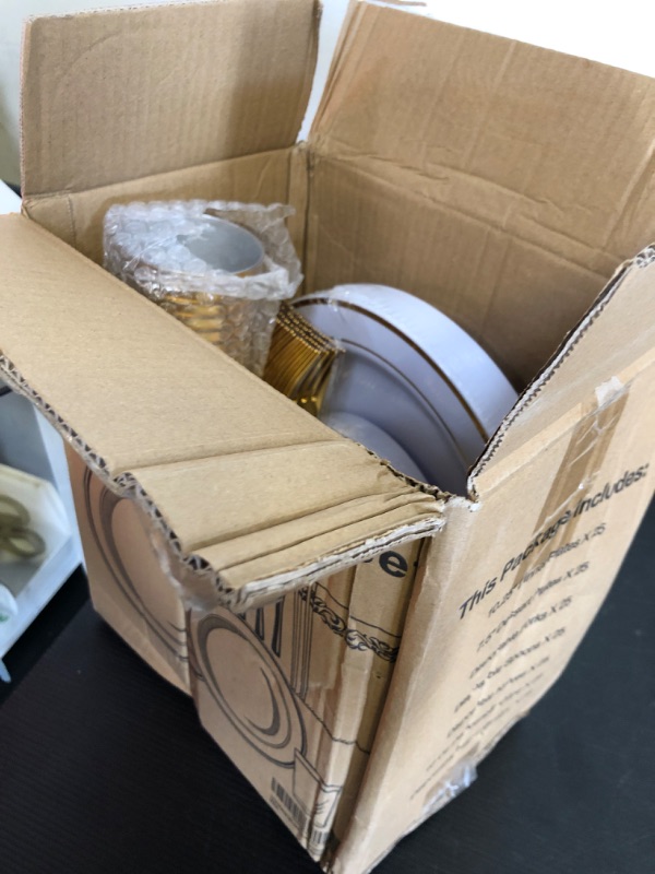 Photo 2 of 175 Piece Gold Dinnerware Set - 50 Gold Rim Plastic Plates - 25 Gold Plastic Silverware - 25 Gold Plastic Cups - 25 Linen Like Gold Paper Napkins