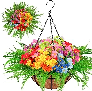 Photo 1 of Shyshining Outdoor Hanging Planter with Basket 10 Artificial Fake Flowers UV Resistant, Faux Plastic Greenery Gypsophila for Indoor Garden Porch Window Box Home Wedding Decor (Hanging Flowers)