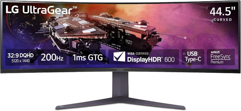 Photo 1 of LG 45GR75DC-B Ultragear Curved Gaming Monitor 45-Inch 32:9 Dual QHD 1ms 200Hz VESA DisplayHDR 600 with DCI-P3 95% AMD FreeSync Premium Pro Enhanced Gaming GUI DTS HP:X 3-Way Adjustable Stand - Black
