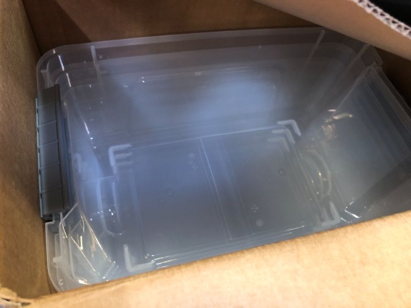 Photo 1 of Amazon Basics 12 Quart Stackable Plastic Storage Bins with Latching Lids- Clear/Grey- Pack of 4