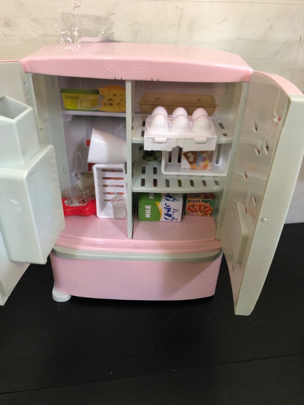 Photo 1 of PLAY Kids Kitchen Refrigerator with Ice Dispenser, Pretend Play Fridge Kitchen Set for Toddlers, Toy Kitchen Appliance Accessories for Girl Boy Christmas Birthday Gift Age 1-3 4-8, Pink