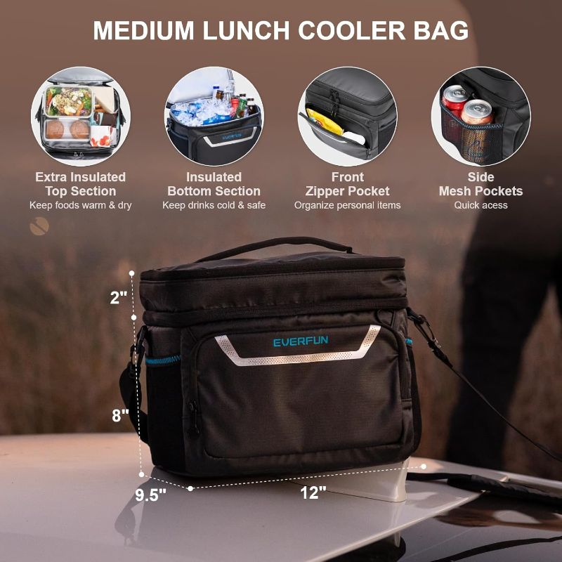 Photo 1 of EVERFUN Small Cooler Bag Insulated Mini Beach Cooler Soft Lunch Bag Box for Men Women Dual Compartments Collapsible Waterproof Leak-Proof for Travel Car Picnic, Black