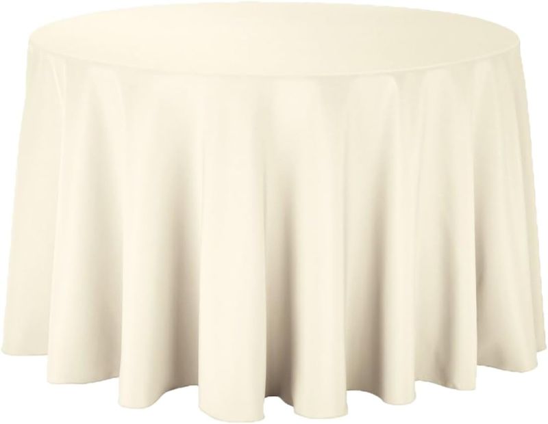 Photo 1 of  Ivory Round Tablecloth 120 Inch Circle Polyester Table Cloth, Washable Fabric Stain and Wrinkle Resistant Table Cover Round Table Clothes for Wedding Parties Banquet Reception Dining