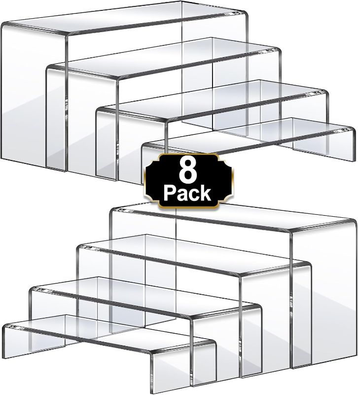 Photo 1 of Aheroi Large Acrylic Risers, 8 Pcs 2 Set Acrylic Display Set Rectangular Stands Shelf Clear Display Risers for Decor, Cake and Funko Pop Shelves Retail Shoe Showcase(1-3-4-5IN)