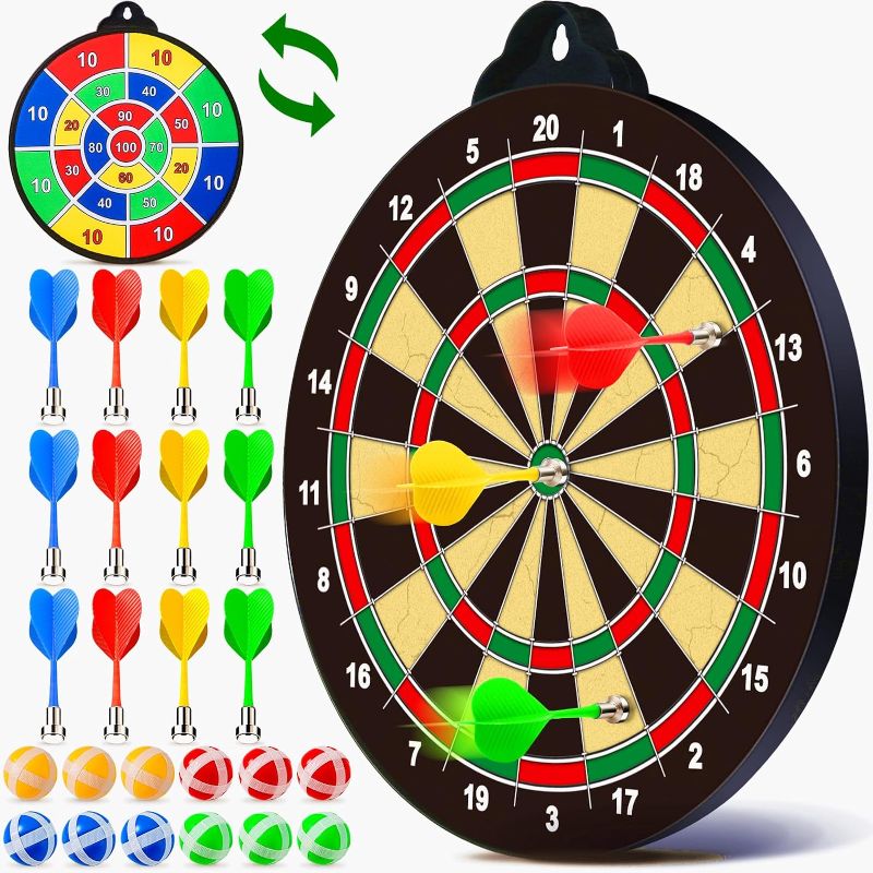 Photo 1 of 2 in 1 Magnetic Dart Board, Kids Double-Sided Dart Board with 12 Magnetic Darts and 12 Sticky Balls, Indoor Travel Outdoor Party Games Toys Gifts for 5 6 7 8 9 10 11 12 Year Old Boys Kids and Adult
