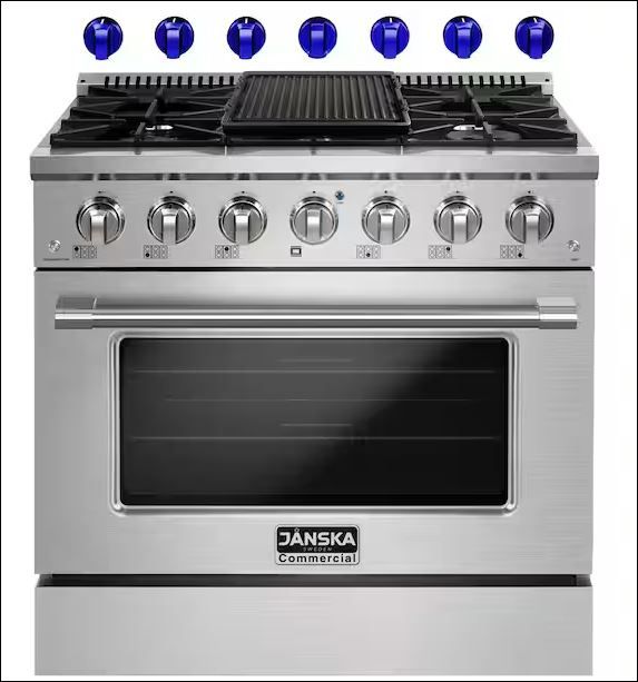 Photo 1 of 36 in. 5.2 cu. ft. Gas Range with 6-Burners, Convection Oven, Griddle in Stainless Steel with 2 Sets of Knobs


