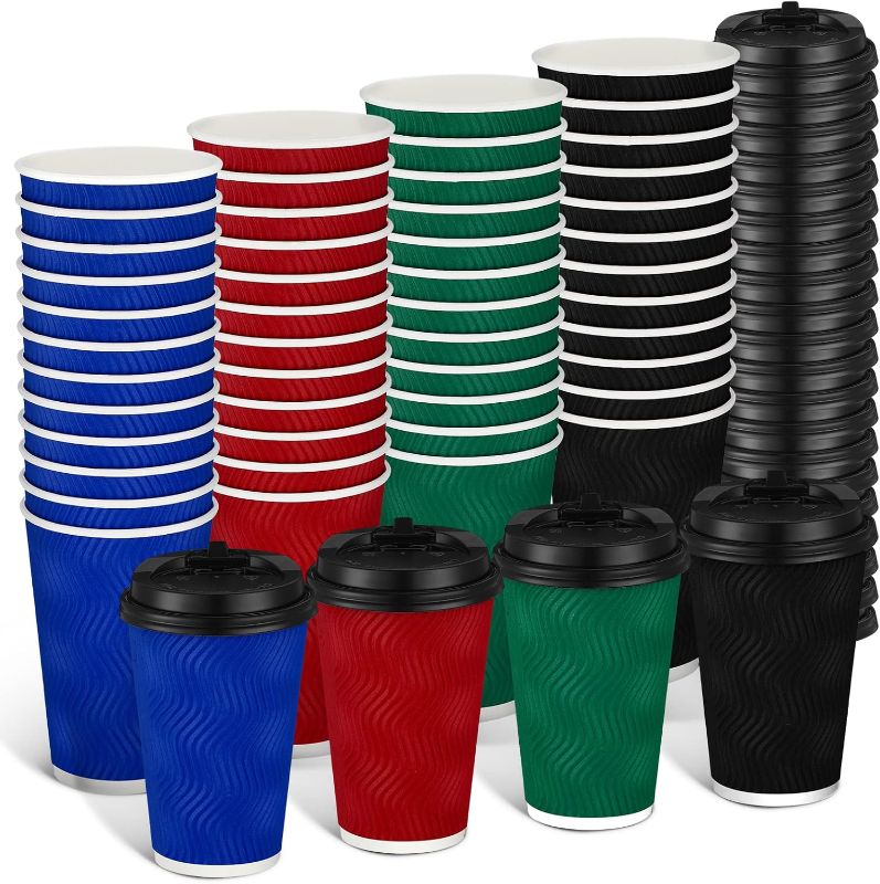 Photo 1 of 120 Count Christmas Disposable Coffee Cups with Lids, Take Out Paper Coffee Cups, Multicolor Insulated Ripple Wall Paper Hot Cups for Christmas Party Office Home(Dark Color, 12oz)
