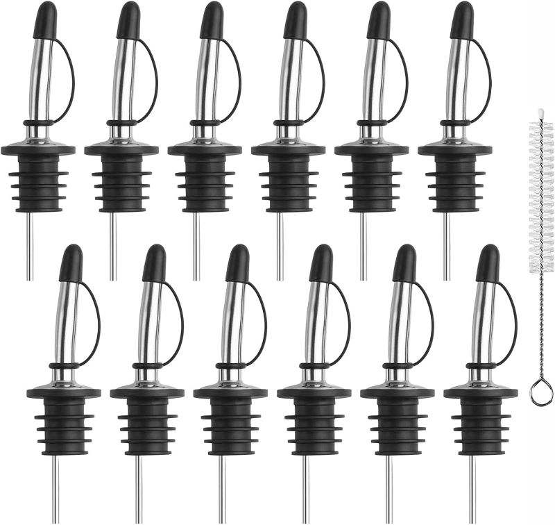 Photo 1 of 12 Pack Liquor Pour Spouts Inchluding 1 Piece of Brush with Rubber Caps Stainless Steel Tapered Speed Pourers Fits for Olive Oil Wine 3/4" Bottle Bar Bartender Accessories Tools
