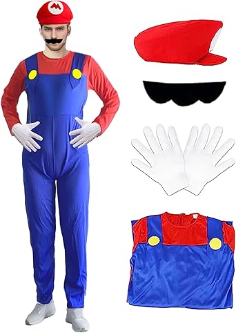 Photo 2 of Adult Super Jumpsuit Outfit Men Bros Halloween Costume with Accessories small 