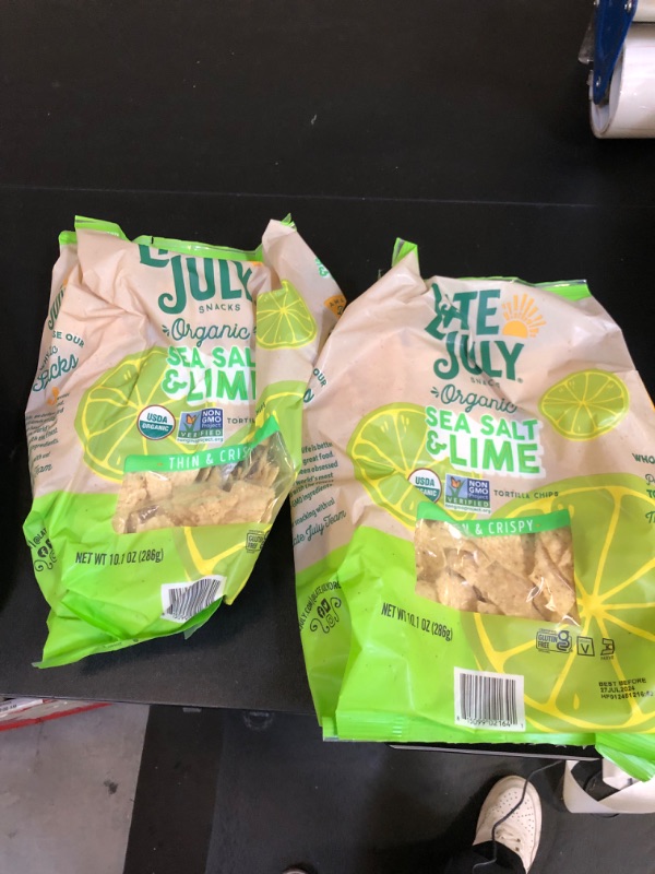 Photo 2 of 2 pack Late July Snacks Thin and Crispy Organic Tortilla Chips with Sea Salt and Lime, 10.1 oz Bag
exp july 2024