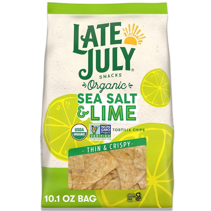 Photo 1 of 2 pack Late July Snacks Thin and Crispy Organic Tortilla Chips with Sea Salt and Lime, 10.1 oz Bag
exp july 2024