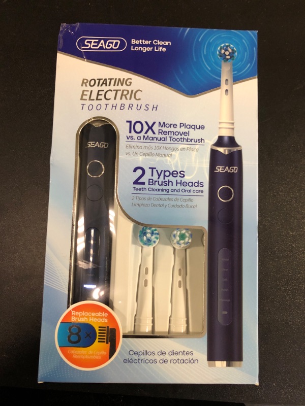 Photo 2 of SEAGO Rotating Electric Toothbrush with 8 Brush Heads for Adults, 5 Modes Rechargeable Power Toothbrush, 2 Min Smart Timer and IPX7 Waterproof (Blue)