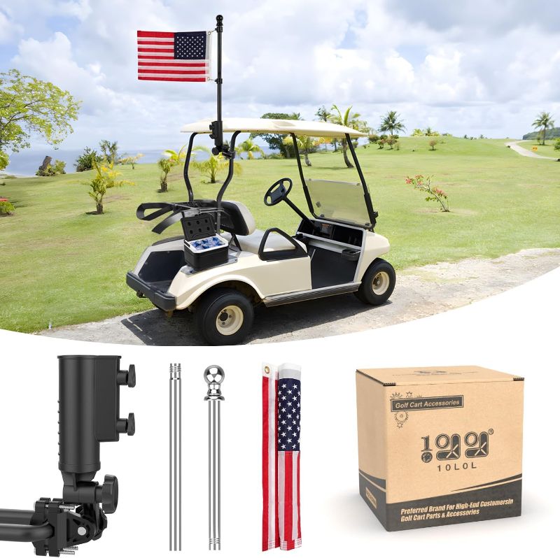 Photo 1 of 10L0L Golf Cart Flag Mount-Flag Holder Kit, 180 Degree Rotation Universal Compatible with Yamha EZGO Club Car Golf Cart Flag Pole with USA Flags
