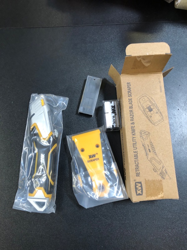 Photo 1 of XW Retractable Utility Knife and Razor Blade Scraper, Heavy Duty Box Cutter Putty Knife Set, Extra 20 Blades Included, 2-Pack