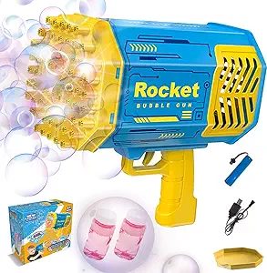 Photo 1 of Bubble , 69 Holes Rocket Launcher Bubble Machine with Colorful Lights, Bubble Blaster Gun for Kids Adults, Best Bubble Blower Machine for Outdoor Indoor Christmas Birthday Party(Blue)