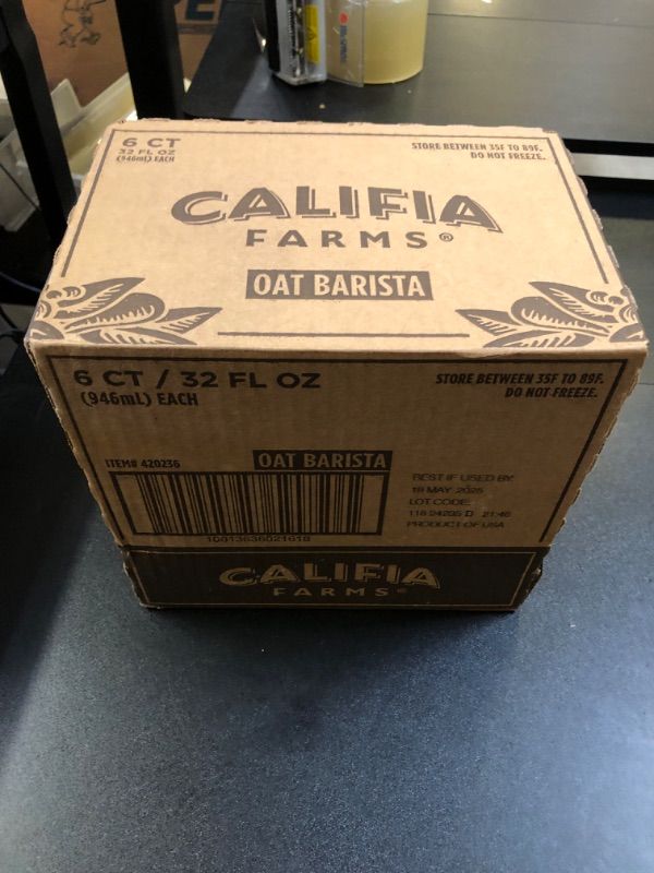 Photo 3 of Califia Farms - Oat Barista Blend Oat Milk, 32 Oz (Pack of 6), Shelf Stable, Dairy Free, Plant Based, Vegan, Gluten Free, Non GMO, High Calcium, Milk Frother, Creamer, Oatmilk (BB 19MAY2025)