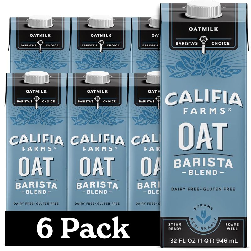 Photo 1 of Califia Farms - Oat Barista Blend Oat Milk, 32 Oz (Pack of 6), Shelf Stable, Dairy Free, Plant Based, Vegan, Gluten Free, Non GMO, High Calcium, Milk Frother, Creamer, Oatmilk (BB 19MAY2025)