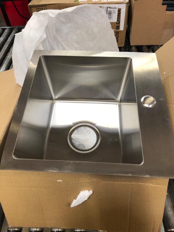 Photo 2 of 15 x 15 Inch Drop In Bar Sink, Small Kitchen Sink Single Bowl Topmount Bar Prep Sink 18 Gauge Stainless Steel Bar Sink with Grid and Basket Strainer