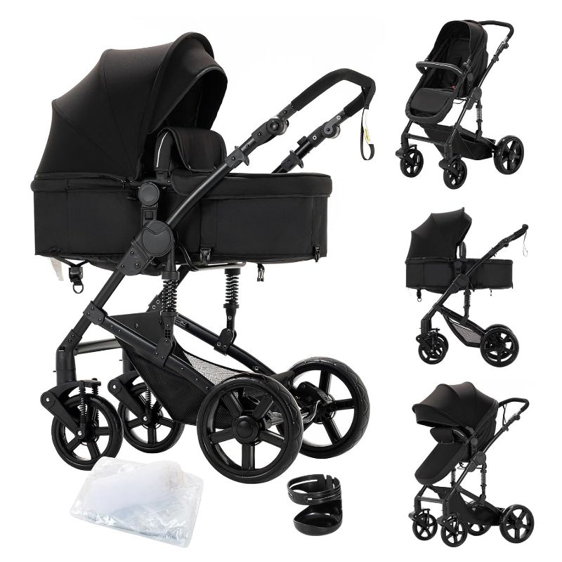 Photo 1 of 2 in 1 Baby Stroller with Bassinet Reversible Portable Standard Baby Stroller Convertible Pushchair Infant Buggy Baby Carriage Foldable High Landscape Pram for Toddler Newborn (2US588-BLACK)
