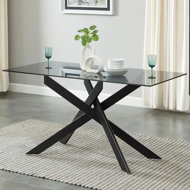 Photo 1 of Modern Style Dining Table with Tempered Glass Top and Metal Tubular Legs, 58.5”Lx29”Wx30”H, Black
