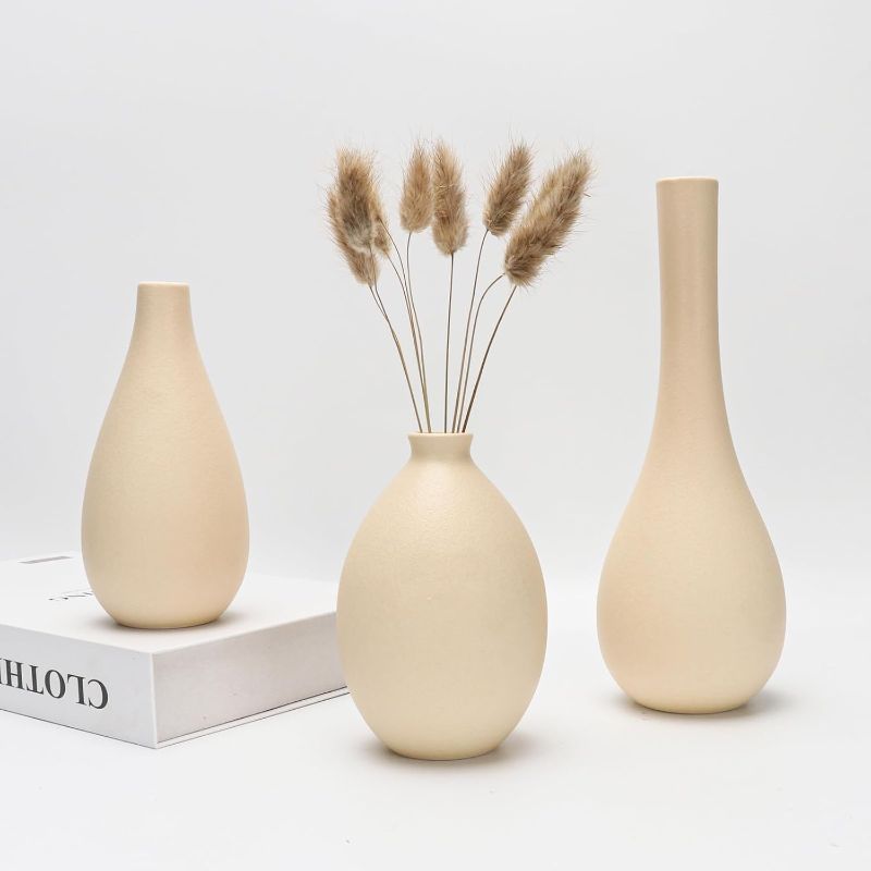 Photo 1 of Ceramic Vase Set - Inspired Flower Vases for Home Decor, Living Room, Bookshelf, Shelf Decor | Boho Vases for Pampas Grass and Flower Arrangements - Beige
