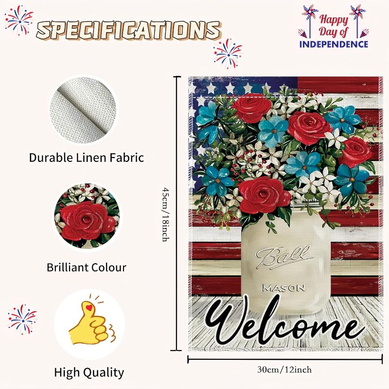 Photo 1 of 4th of July Mason Jar Flowers Summer Garden Flag 12x18, Sided Decorative Burlap Yard Flag for Memorial Day Independence Day, Patriotic Celebration Double Outside Decoration Holiday Festivities