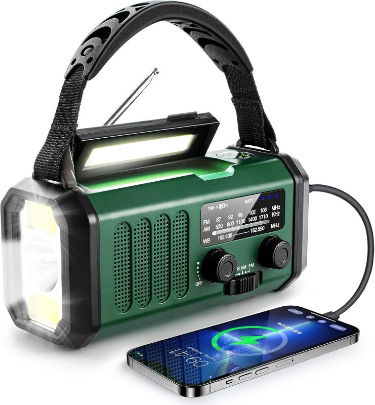 Photo 1 of  10000mAh Crank Radio, Emergency Radio, Solar Radio, NOAA/AM/FM Weather Radio, USB Type-C Charging, Dynamo Radio, Polymer Battery, Torch & LED Reading Light, SOS Alarm, Compass for Camping Green
 
