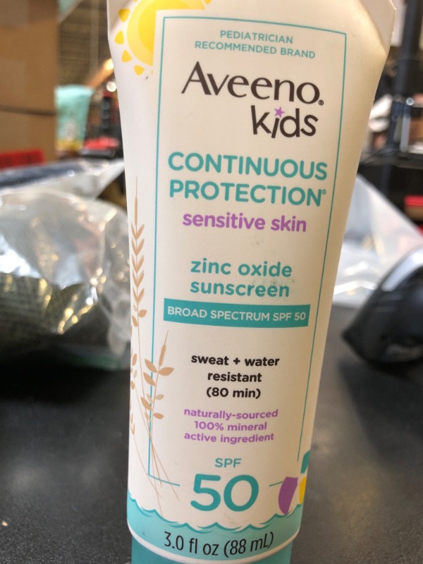 Photo 2 of Aveeno Kids Continuous Protection Zinc Oxide Mineral Sunscreen Lotion for Children's Sensitive Skin with Broad Spectrum SPF 50, Tear-Free, Sweat- & Water-Resistant, Non-Greasy, 3 fl. oz