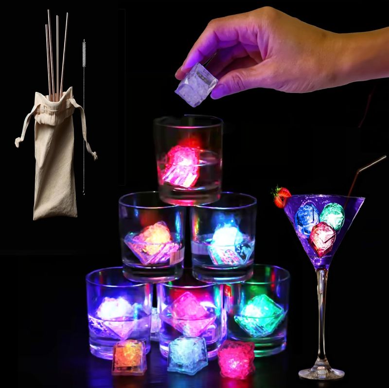 Photo 1 of 12 Pack Light Up Ice Cubes for Drinks, Multi Color LED with Reusable Straws - Water Activated Color Changing, Food Grade, Waterproof - For Glowing in the Dark Flashing Effect on Cocktails Party & Bath
