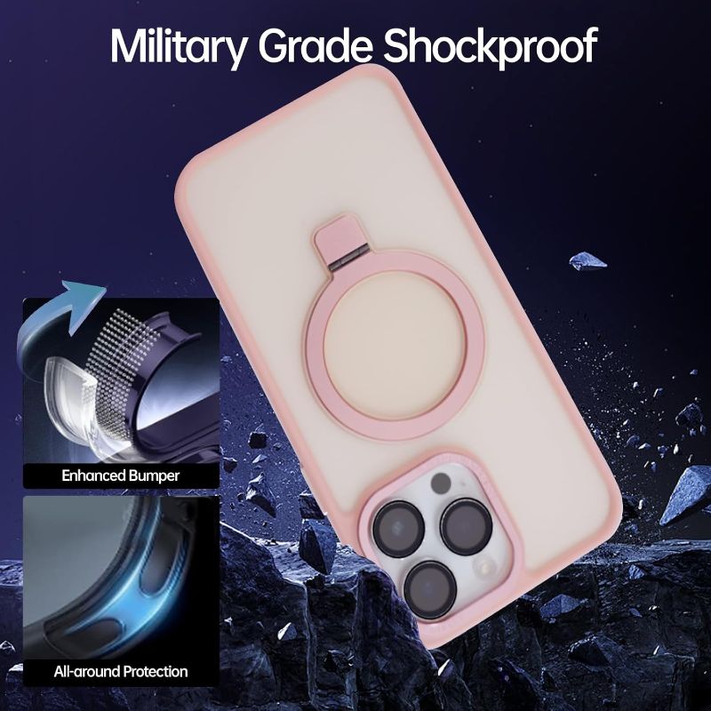 Photo 1 of 2 Magnetic for iPhone 14 Pro Max Case with Kickstand Ring, [Compatible with MagSafe] Translucent Military Grade Shockproof Phone Cover Bumper Case with Screen Protector, Pink
