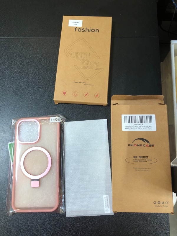 Photo 1 of 2 Magnetic for iPhone 14 Pro Max Case with Kickstand Ring, [Compatible with MagSafe] Translucent Military Grade Shockproof Phone Cover Bumper Case with Screen Protector, Pink
