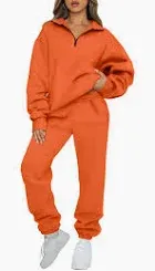 Photo 1 of Aleumdr Women 2 Piece Outfits Sweatsuit Oversized Half Zip Pullover Long Sleeve Sweatshirt Jogger Pants Set with Pockets - orange - Large
