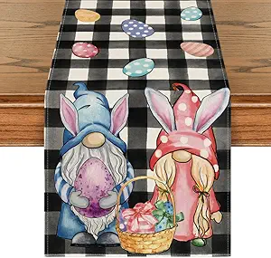 Photo 1 of Artoid Mode Buffalo Plaid Bunny Gnomes Eggs Easter Table Runner, Spring Summer Seasonal Holiday Kitchen Dining Table Decor for Indoor Outdoor Home Party Decoration 13 x 36 Inch
