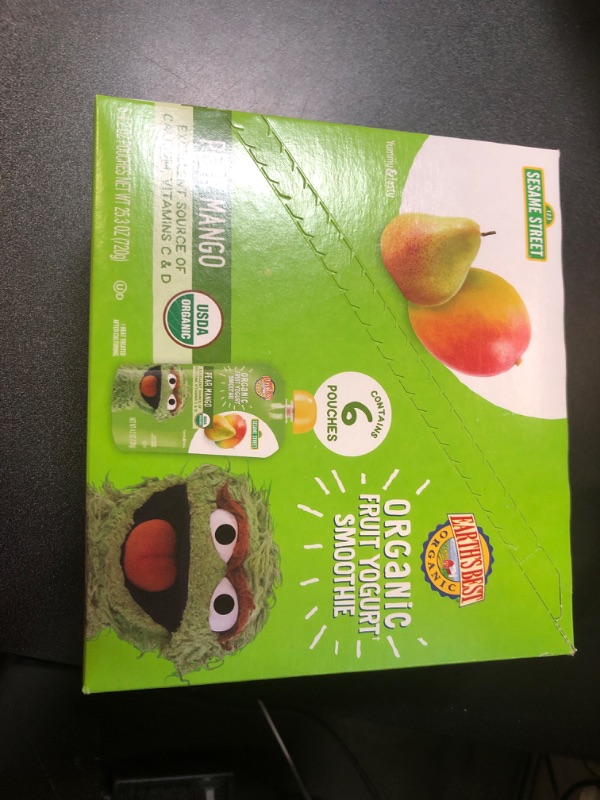 Photo 2 of Earth's Best Organic Kids Snacks, Sesame Street Toddler Snacks, Organic Fruit Yogurt Smoothie for Toddlers 2 Years and Older, Pear Mango, 4.2 oz Resealable Pouch (Pack of 12) BB JUNE 08 2024