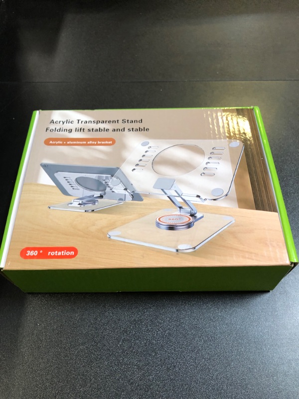 Photo 1 of DSMY Acrylic Tablet Stand with 360° Rotating Base, Foldable Clear Tablet Holder for Desk, Compatible with iPad Pro/Air/Mini and More (Transparent1)