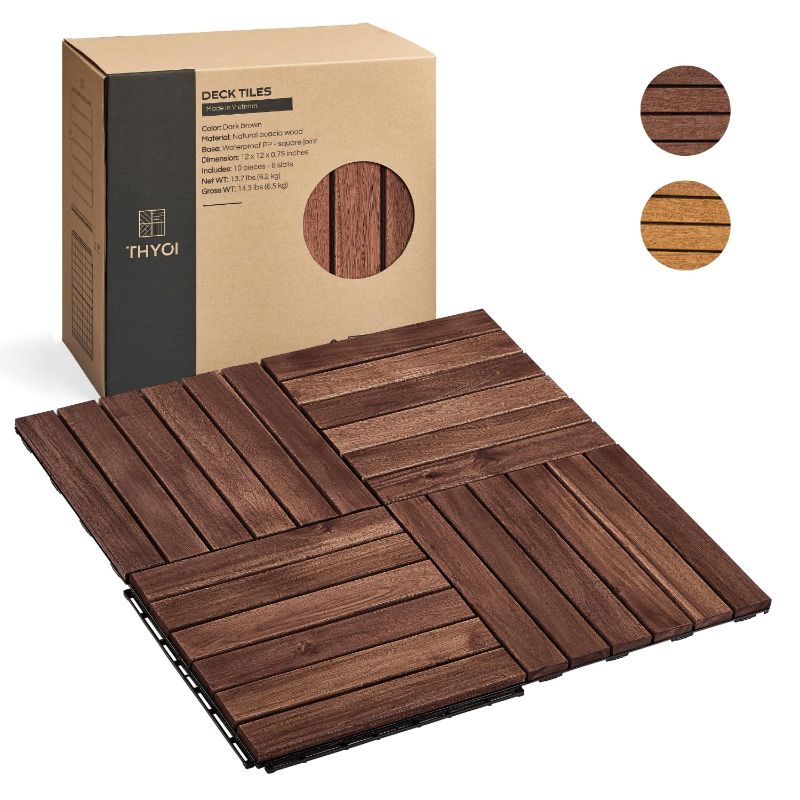 Photo 1 of 10PCS 6 Slats Wood Deck Tiles, 12"x12" Interlocking Deck Tiles, Water Resistant for Indoor & Outdoor, Balcony Flooring, Square Joint (Dark Brown - Crossed-Pattern Base)
