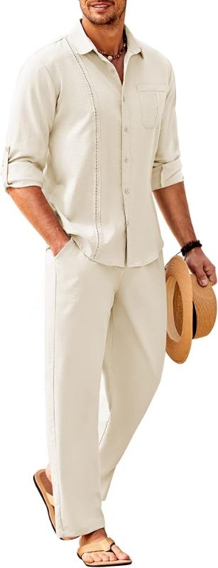 Photo 1 of [Size M] COOFANDY Mens Linen Sets 2 Piece Long Sleeve Button Down Cuban Shirt and Pants Set Summer Beach Set Outfits- Cream