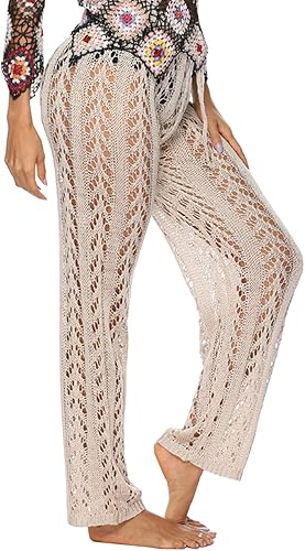 Photo 1 of [Size L/XL]  Womens Cover Up Pants Sexy Hollow Out Crochet High Waist Mesh Beach Bikini Swimsuits Pants -Brown