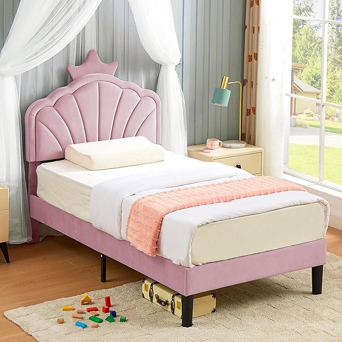 Photo 1 of VECELO Twin Size Bed Frame Upholstered with Headboard, Strong Platform with Crown for Kids Girls, Wooden Slats Support, No Box Spring Needed, Pink
