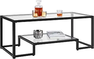 Photo 1 of Yaheetech Coffee Table, Tempered Glass Coffee Table, Modern Simple Center Table w/Geometric-Inspired Design & Metal-Frame & Easy Assembly & Open Storage Shelf for Living Room, Office, Black
