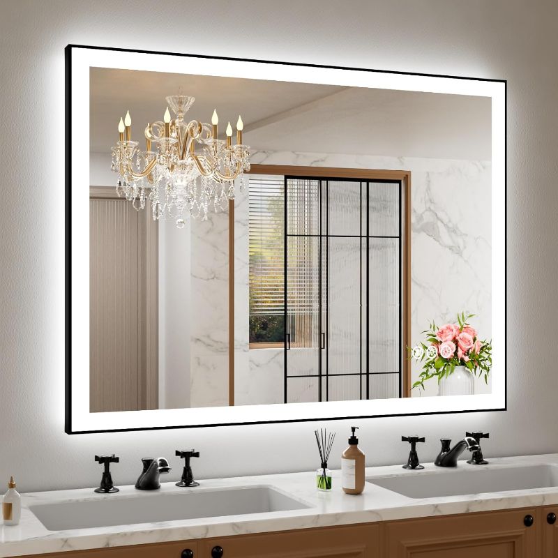 Photo 1 of Amorho 48"x 36" LED Bathroom Mirror with Black Frame, Front Light and Backlit(Controlled Separately), Stepless Dimmable, Anti-Fog, Shatter-Proof, 3 Colors, Memory
