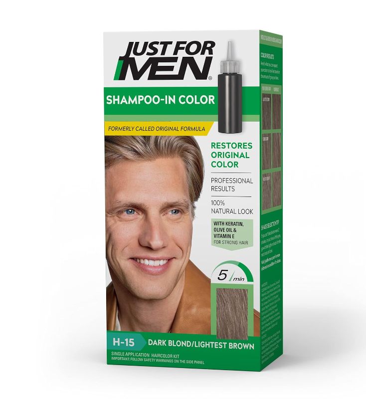 Photo 1 of Just For Men Shampoo In Color, Hair Color for Men with Keratin and Vitamin E for Stronger Hair, Restores Natural Hair Color, Dark Blond/Lightest Brown, H-15, Pack of 1
