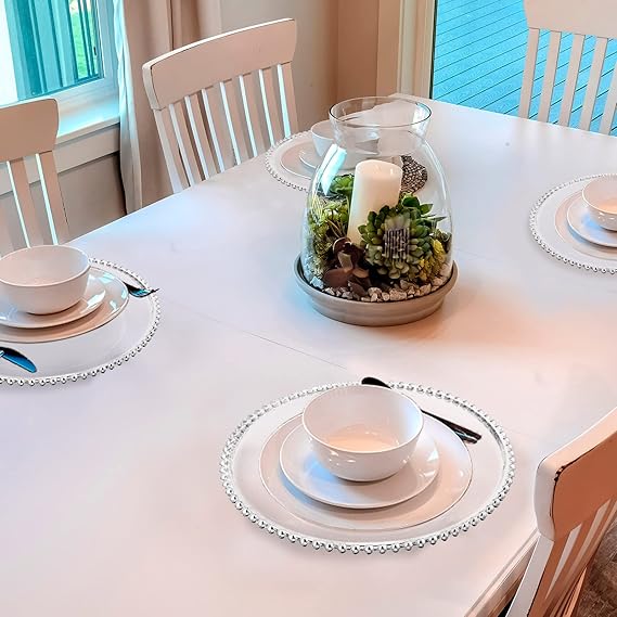 Photo 1 of 6 PCS Clear Charger Plates with Beaded Rim 13 Inch Plastic Acrylic Round Dinner Plate Chargers Decorative Plates for Home Kitchen Party Wedding Tabletop Decor (Clear)