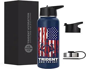 Photo 1 of American Flag Water Bottle, 32 oz Insulated Water Bottle, Reusable Water Bottle with Straw, Leak Proof Water Bottles, Thermos Water Bottle - Combat Veteran Small Business (Dark Blue, 32 Oz)